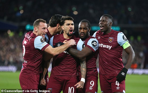 LONDON, ENGLAND - MARCH 14: Lucas Paqueta of West Ham United celebrates scoring his team's first goal with Vladimir Coufal, Michail Antonio and Kurt Zouma during the 2023/24 UEFA Europa League Round of 16 second leg match between the West Ham United FC and Sport-Club Freiburg at the Olympic Stadium on March 14, 2024 in London, England (Photo by Rob Newell - CameraSport via Getty Images)