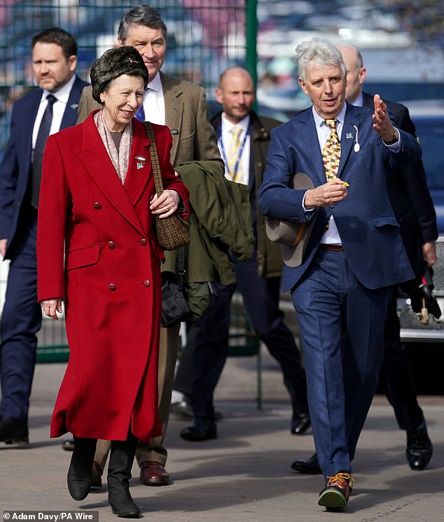 The Princess Royal was all smiles as she arrived at the racecourse for the final day of the Cheltenham Festival