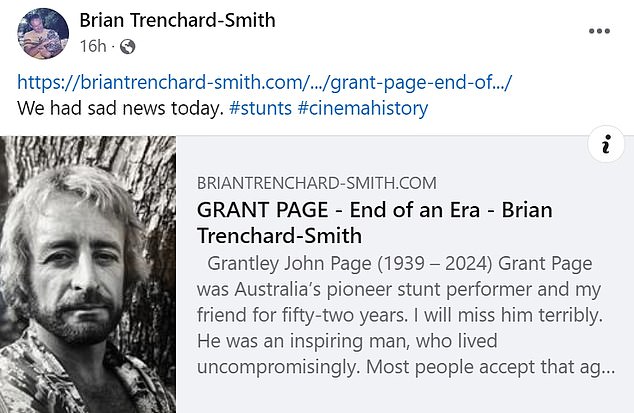 His long-time friend and former manager Brian Trenchard-Smith posted a moving tribute to Page on his blog on Thursday