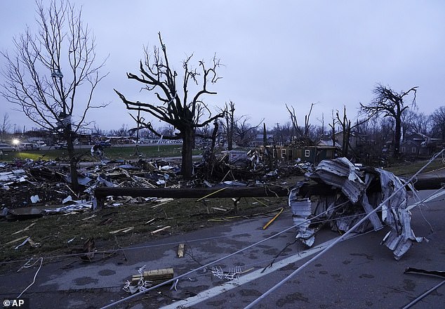 At least three people have been killed in Ohio after devastating tornadoes also hit Indiana, Kentucky and Arkansas. Pictured: Debris from violent storms litters the ground in Lakeview, OH