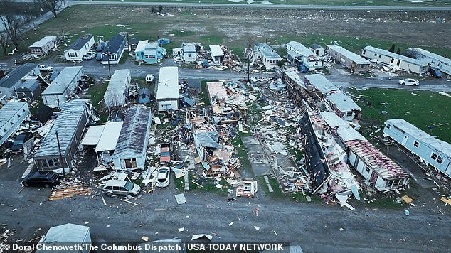 Another image clearly shows the path of the tornado, which destroyed several homes but left others nearby relatively unscathed