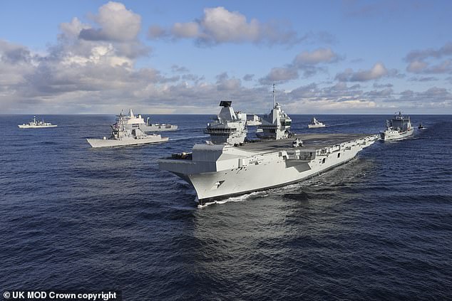 HMS Prince of Wales leads the formation of fifteen ships on 13 March 2024 through exercises that will continue until Friday.