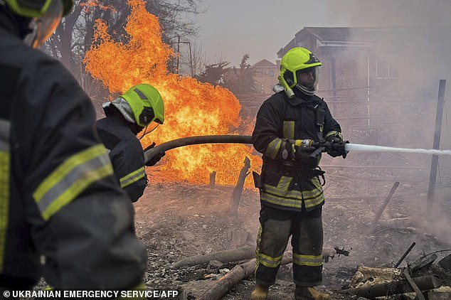 Fires raged at the scene of the attack, with rescue workers struggling to bring them under control