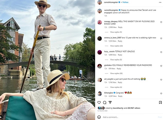 Along with a photo of the duo on a gondola, Thomas wrote: 'Delighted to announce that Talulah and I are engaged.  Love is all around X', in reference to his most iconic role in 2003's Love Actually, featuring Troggs' track Love Is All Around