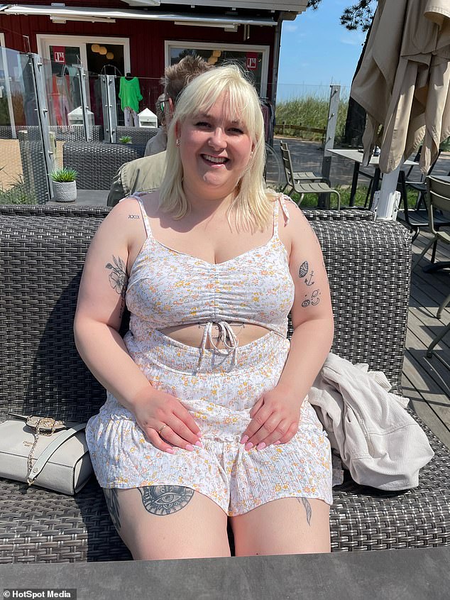 The Southampton law graduate said she would 'comfort eat', eating two takeaways a week and 'portion size' chocolate bars (pictured as a size 16-18 before her weight loss)