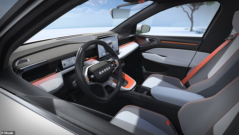 'Flashy Orange' accents on the dashboard and seats mimic those on the exterior, and the two-spoke steering wheel has the same new Skoda lettering as the exterior.
