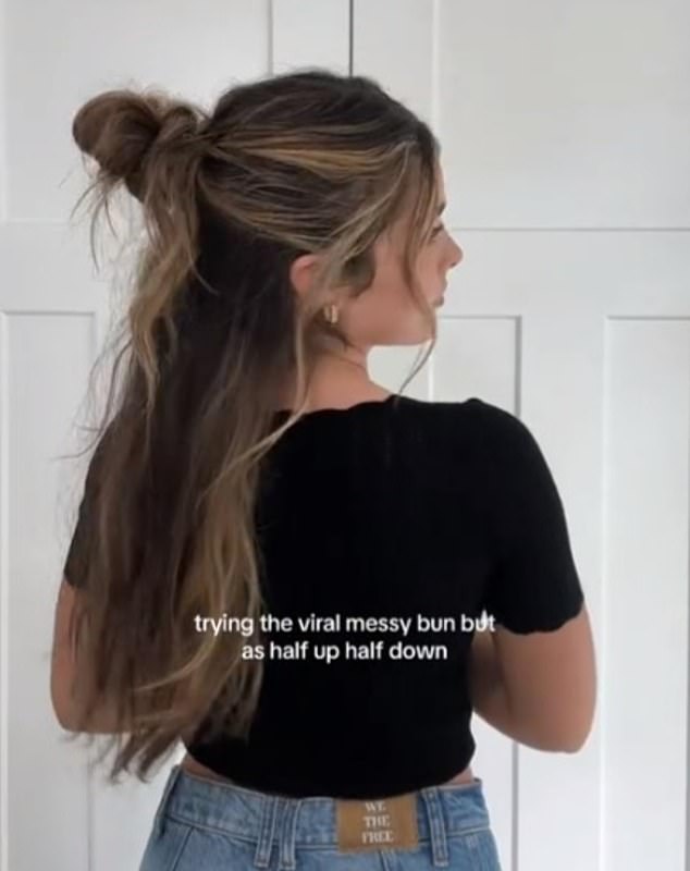 Influencer Emmy Bucher went for a half-up, half-down messy style, proclaiming: 'I think I could love this even more than the regular messy bun, which I didn't think was possible!'