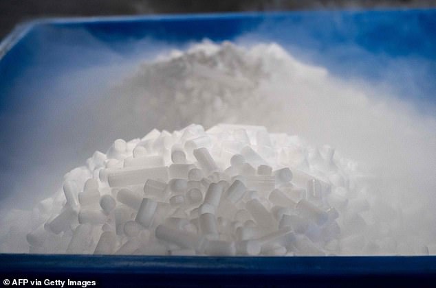 Direct contact with dry ice, a solid form of carbon dioxide with a surface temperature of -78.5C, can quickly damage skin cells and lead to frostbite. (File photo of dry ice pills)