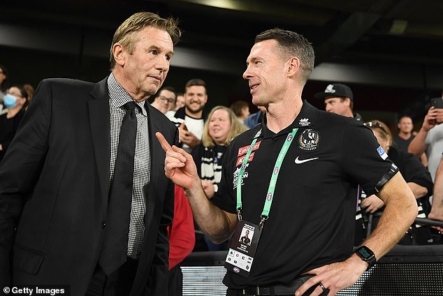 Browne (left) told the Magpies players about his diagnosis in keeping with the open and sharing culture created by coach Craig McRae (right)