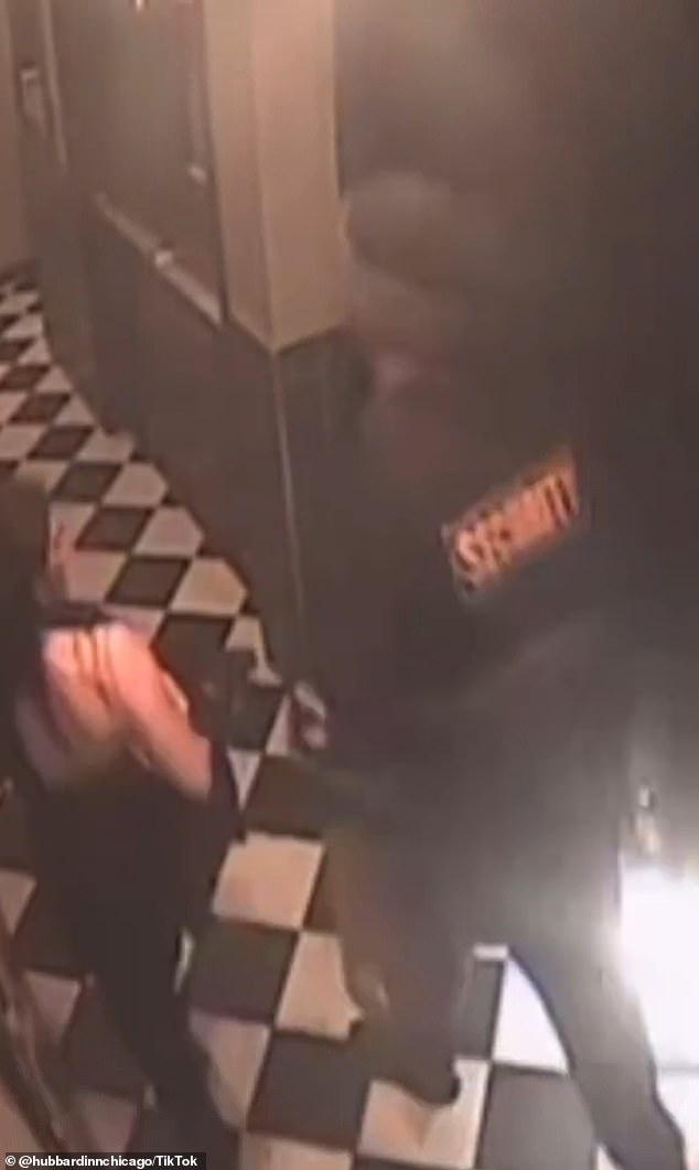 The Hubbard Inn footage depicts the bouncer walking in front of and with Reel and her friend without any physical altercation
