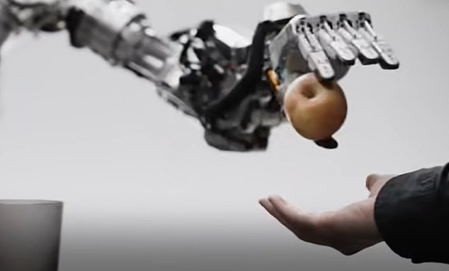 The robot took the apple and gave it directly to the man who was asking for food.