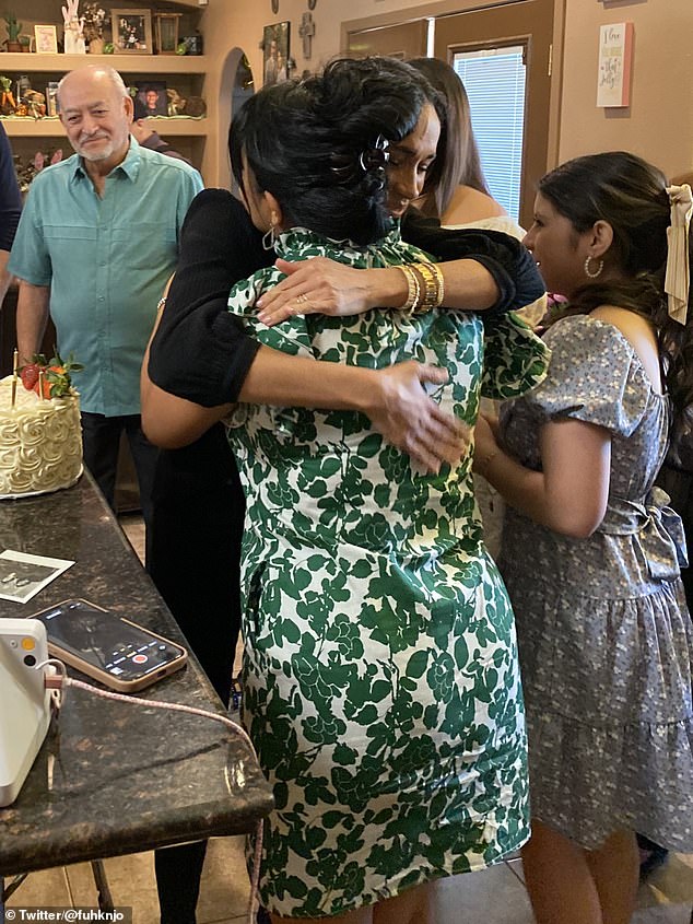 The pictures, shared by heroic teacher Irma Garcia's nephew, show Meghan, 42, warmly embracing the late educator's sister as she marks her birthday