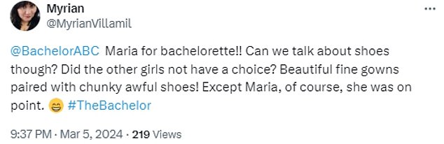 Many viewers wanted Maria to be the next Bachelorette and praised her designer clothes throughout the series