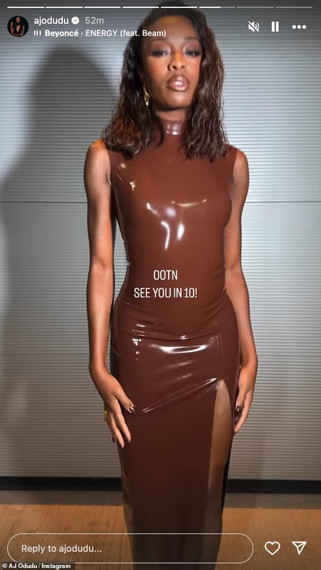 The presenter sent temperatures soaring in a skin-tight brown rubber dress as she took to her Instagram stories ahead of the show