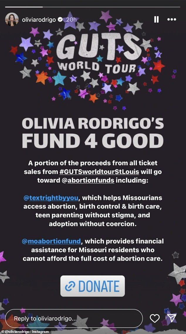 The singer also posted an Instagram story which provided a link to donate to both the Text Right By You and Missouri Abortion Fund organizations
