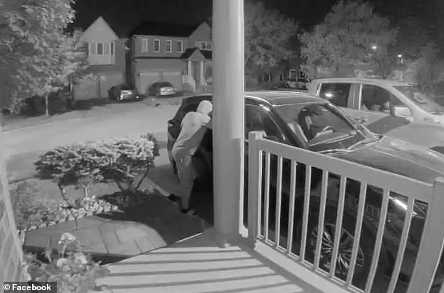The shocking news comes as car thefts have soared 150 percent over six years in Canada's largest city, forcing residents to hide their cars in secret locations and fortify them with 24-hour security.  Pictured: a car theft in Ontario's Richmond Hill back in August