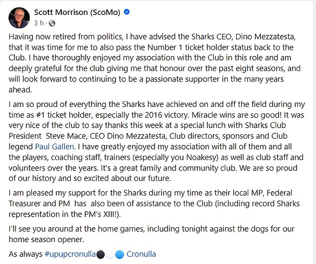 Morrison announced his decision to step down as the Sharks' number 1 ticket holder during the week with this post on social media