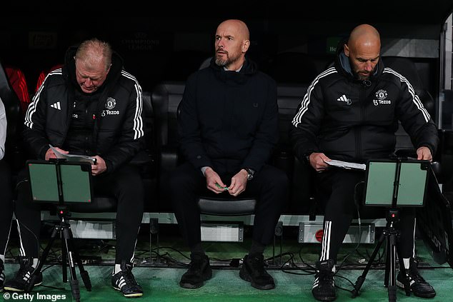 Ten Hag and his assistants Mitchell van der Gaag (right) and Steve McClaren (left) signed three-year contracts when he moved to Manchester United in 2022, but are under pressure.