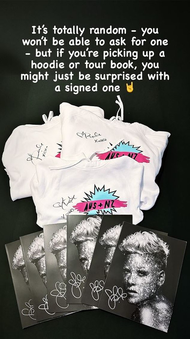 Pink teased that the signed merchandise will be up for grabs at the merchandise booths, but will be handed out completely randomly as fans line up to purchase their items