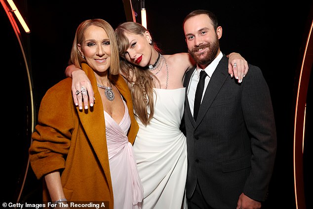 Last month in February, the singer made a surprise appearance at the 66th Annual Grammy Awards to present Album of the Year to Taylor Swift; seen with Swift and son Rene-Charles at the Grammy Awards in LA