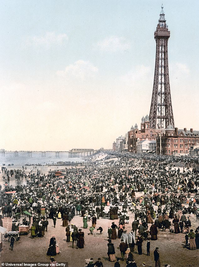 The resort has been a popular destination for decades. Pictured: Blackpool Tower and the beach in 1890