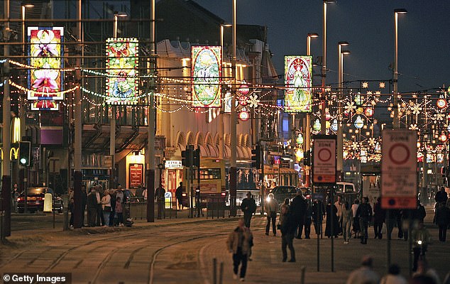 Street lights are seen in the traditional holiday destination of Blackpool at night on October 5, 2005