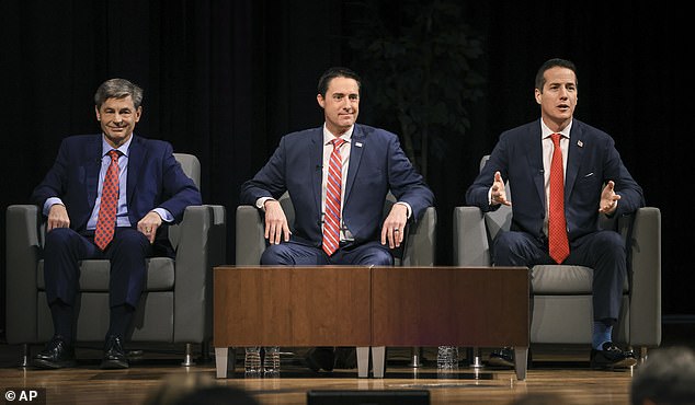 Moreno (right) with Frank LaRose (center) and Matt Dolan (left) at in a forum on February 19