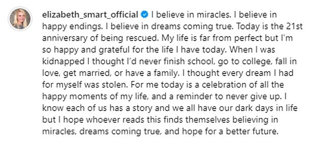 Elsewhere, she took to Instagram to share another touching caption which read: 'I believe in miracles. I believe in happy endings. I believe in dreams that come true'