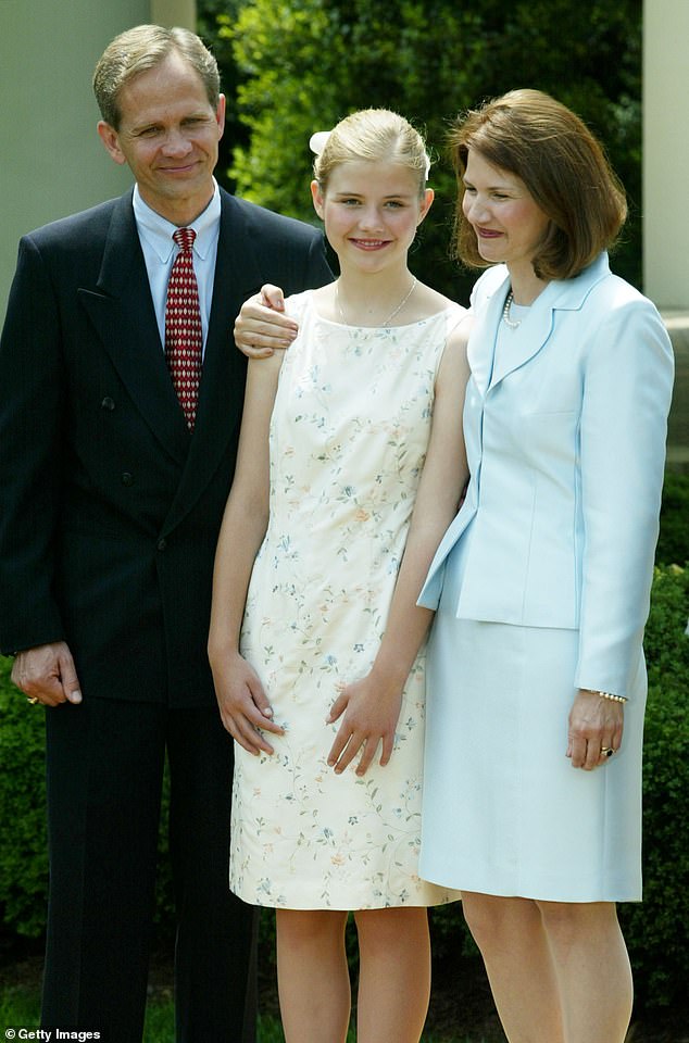Smart (pictured with her parents a month after she was rescued) was held captive by Brian David Mitchell and his wife Wanda Barzee and repeatedly raped for nine months before she was rescued on March 12, 2003