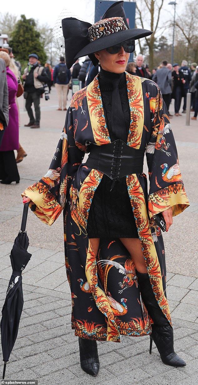 While another ensured all eyes were on her in a silky dragon print kimono, corset and bow hat