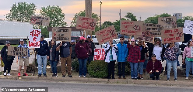 Workers, including many Latinos, have protested Tyson's plant closings, like this one in Van Buren, Arkansas, in April 2023