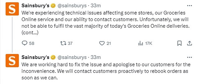 Sainsbury's has said it is experimenting "technical problems" in some stores, which means you won't be able to meet the "vast majority" online grocery delivery.  The supermarket chain said Saturday morning that it was "working hard to solve the problem" and apologized to affected customers
