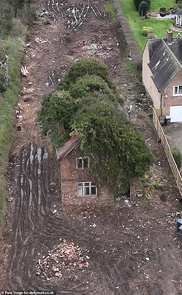An aerial view reveals the drastic work underway to clear the land around the property