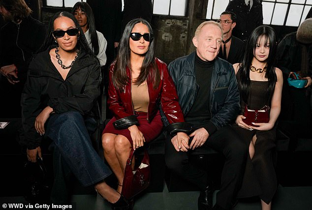 Solange, Salma Hayek, FranÃ§ois-Henri Pinault and Hanni at Gucci RTW Fall 2024 as part of Milan Ready to Wear Fashion Week held on February 23, 2024 in Milan, Italy
