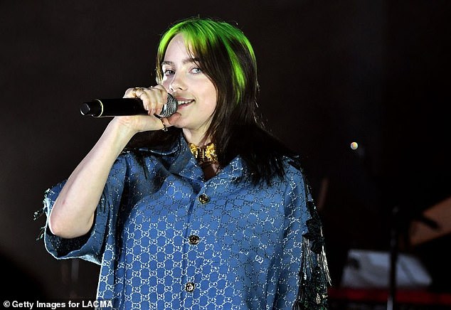 Billie Eilish wearing Gucci is pictured speaking on stage at the 2019 LACMA Art + Film Gala Presented by Gucci at LACMA on November 2, 2019 in Los Angeles, California