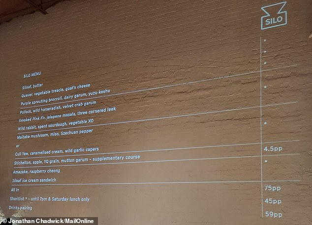 To save paper, a bulk copy of the menu is projected on the wall instead of printing it on individual sheets.