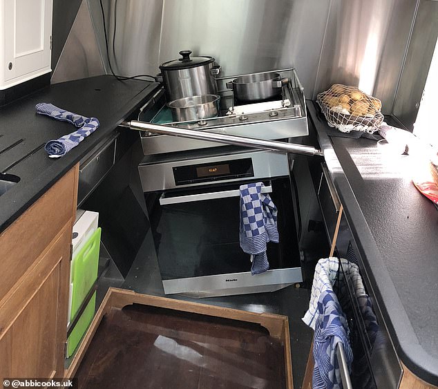 Abbi began working on superyachts as a crew member and saved her tips to complete a culinary course. The picture shows a swinging 'gimbal' stove in the galley, which holds pots and pans level at sea