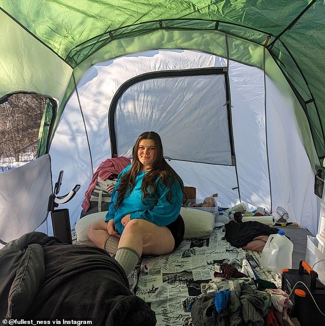 In the tent, cardboard is laid over the ground and soft blankets. They use yoga mats, two eac and air mattresses as beds and make their surface cozy with pillows and blankets