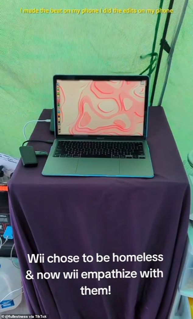 The couple even have a computer setup in their tent