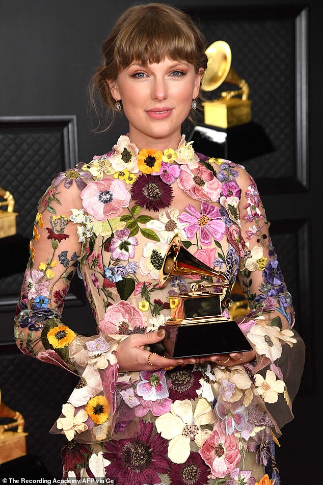 Alwyn, who writes under the pseudonym William Bowery, co-wrote six songs with Swift, 34, including Exile and Betty from her 2020 hit album Folklore, which earned him a Grammy (Swift seen in 2021)