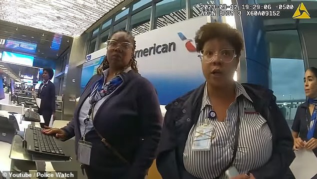 Newly released police bodycam footage began when police were told about the situation by three American Airlines staff on the ground who alleged she hit them with her phone