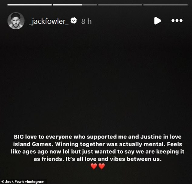 Taking to Instagram on Saturday, Jack confirmed the pair are no longer together as he gave fans a relationship update