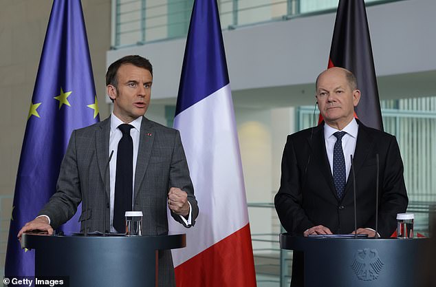 French President Emmanuel Macron, German Chancellor Olaf Scholz speak to the media after talks in "The Weimar Triangle" format at the chancellery on 15 March 2024 in Berlin