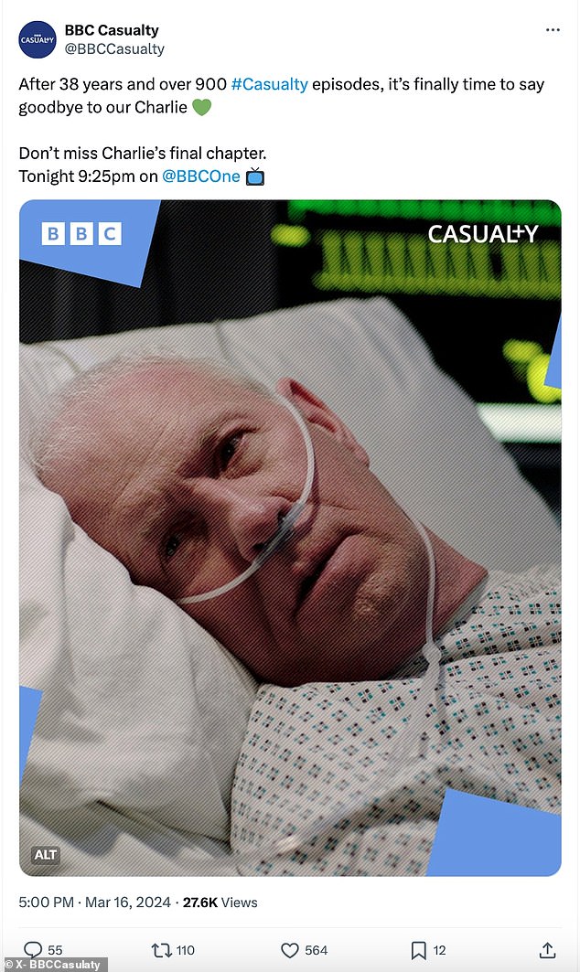 Reports suggest character Charlie Fairhead could be leaving the show after 38 years, with the official BBC Casualty X account posting a cryptic message on Saturday
