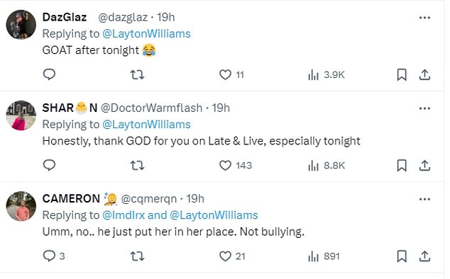 While Layton has yet to comment on the situation, his X account showed that he really liked posts that said he was 'putting her in her place' and not 'bullying'