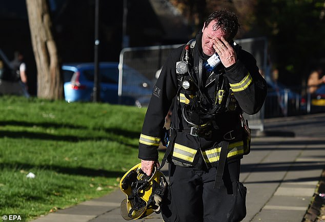 Last night Mrs Wright-Turner, 52, said that while she acknowledged the amount was ¿significant¿, she had never wanted to go to court. Pictured: A firefighter at the Grenfell Tower fire