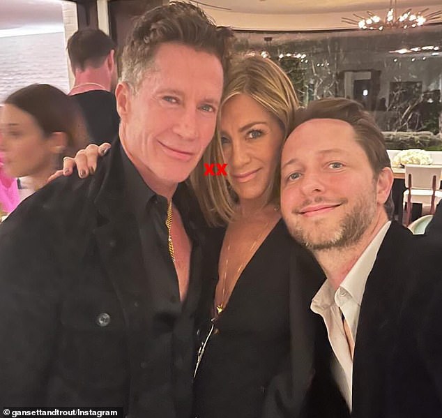 Jennifer Aniston is seen at an Oscar watch party with Bruce Bozzi and author Derek Blasberg