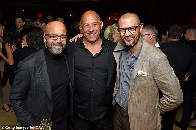 From left, Jeffrey Wright, Vin Diesel and Cord Jefferson attend CAA's pre-Oscar party