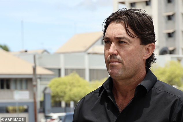 Wright will stand trial later this year accused of perverting the justice system over a helicopter crash at King River in the NT's West Arnhem Land in February 2022 which killed his best mate Chris 'Willow' Wilson and left pilot Sebastian Robinson seriously injured (Wright is pictured arriving to court last March)