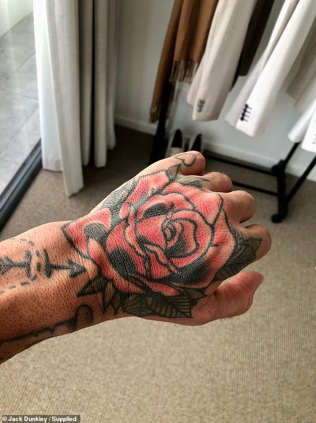 From the rose on her hand symbolizing the carefree days after launching her personal training business to the heart on her little finger in honor of her beloved puppy
